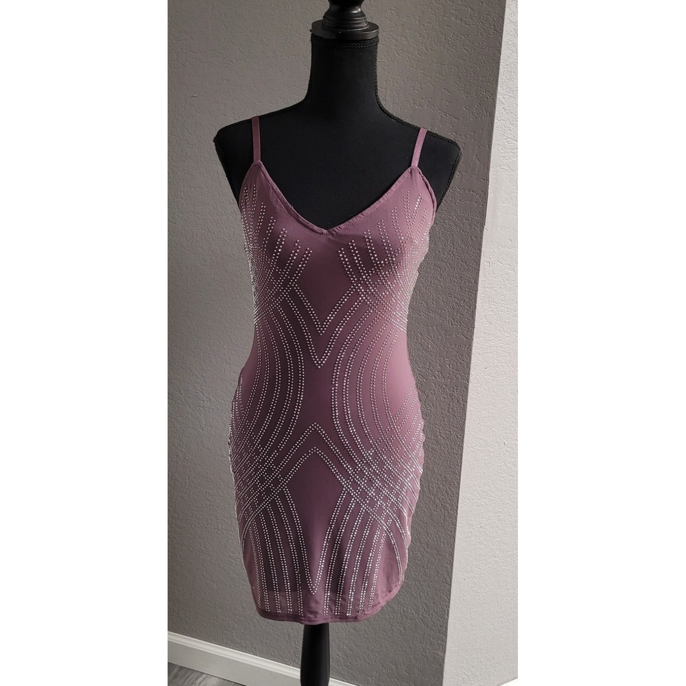 Blāshe Women's Mauve Rhinestone Bodycon Mini Dress Art Deco Embellished Size M
